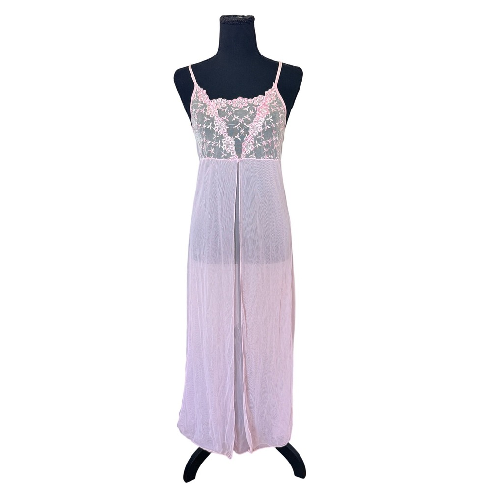 Vintage Sheer Pink Lace Slip Dress‎ Cottagecore Fairycore Maxi XS
